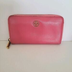Tory‎ Burch Solid Pink Saffiano Leather Zip Around Large Wallet Long Clutch Logo